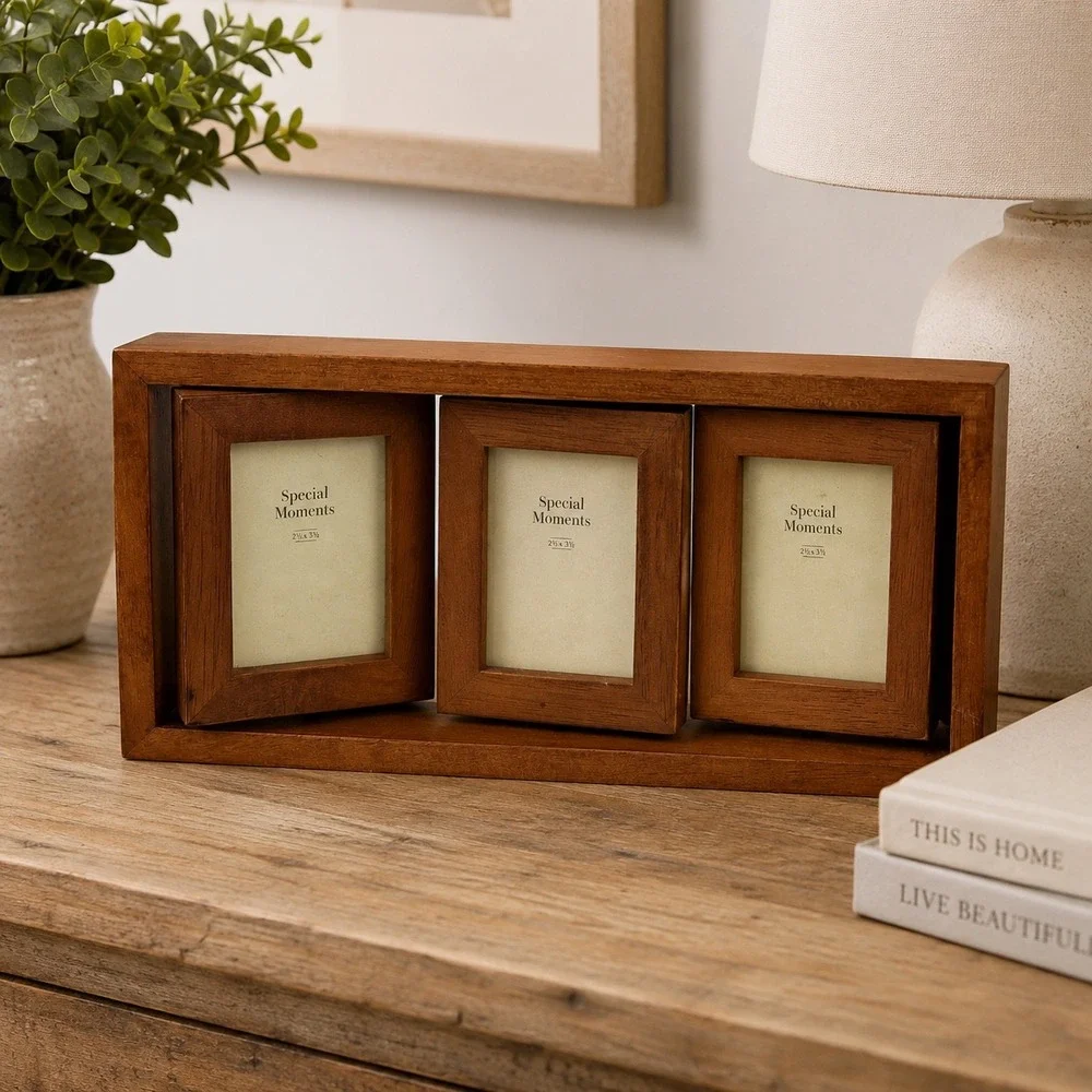 Special Moments Wood Rotating Triple Picture Frame Brown 3 Photo Swivel Display